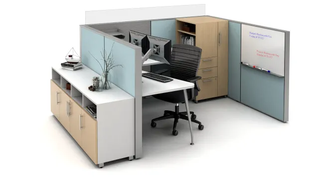 Matrix Open Plan Panel System with whiteboard insert, Calibrate Storage and Natick Seating