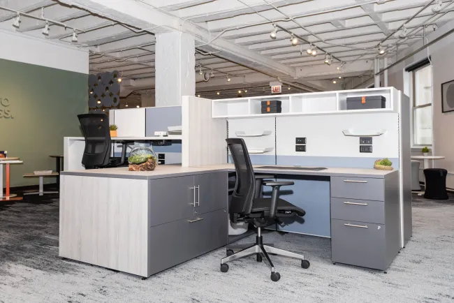 NeoCon 2021 Matrix Panel System with L Series Steel Storage and Upton all mesh seating