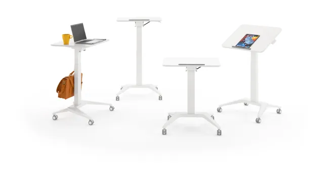 Sit-to-Stand Mobile Desk, seated and standing height shown