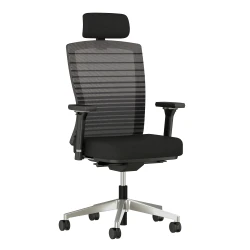 Natick with optional headrest, aluminum base, 4D Arms, black graduated/striped mesh and alta Mirage Fabric, 3/4 view