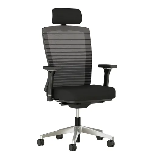 Natick with optional headrest, aluminum base, 4D Arms, black graduated/striped mesh and alta Mirage Fabric, 3/4 view