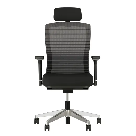 Natick with optional headrest, aluminum base, 4D Arms, black graduated/striped mesh and alta Mirage Fabric, front view