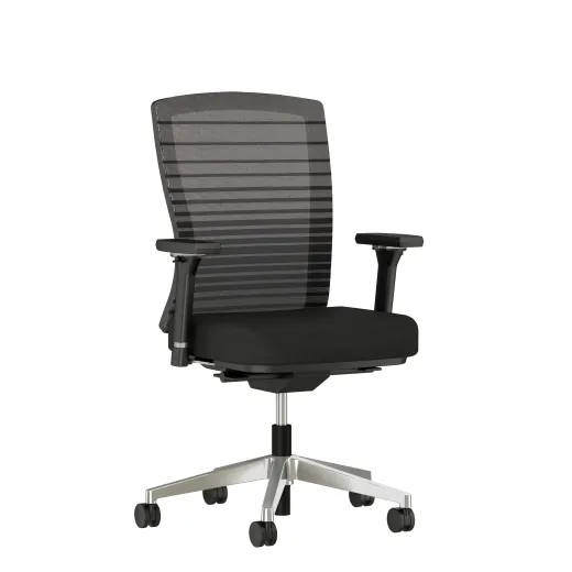 Natick with Black Graduated Stripe back, Alta Mirage fabric, 4D Arms, and polished base, 3/4 view