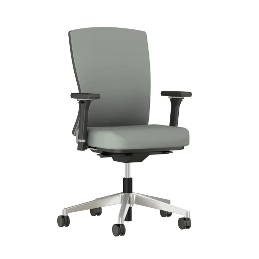 Natick Aluminum Base, Black Frame, 4D Arms, Fully Upholstered, Durdle Smoke Fabric Front Quarter View