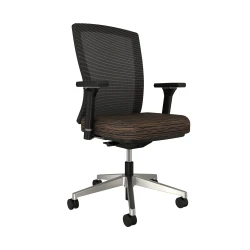 Natick with Aluminum base, black solid mesh, 4D arms and Guilford Underground Earth Fabric Seat, front left view