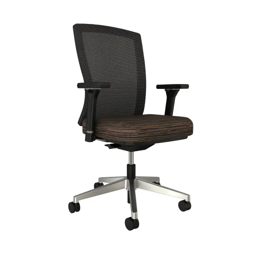 Natick with Aluminum base, black solid mesh, 4D arms and Guilford Underground Earth Fabric Seat, front left view