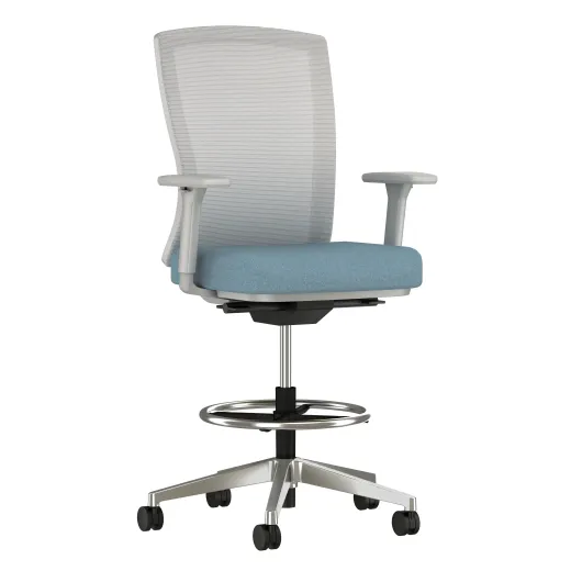 Natick Stool with Grey frame, polished aluminum base, grey mesh,&nbsp; Durdle Smoke Fabric seat