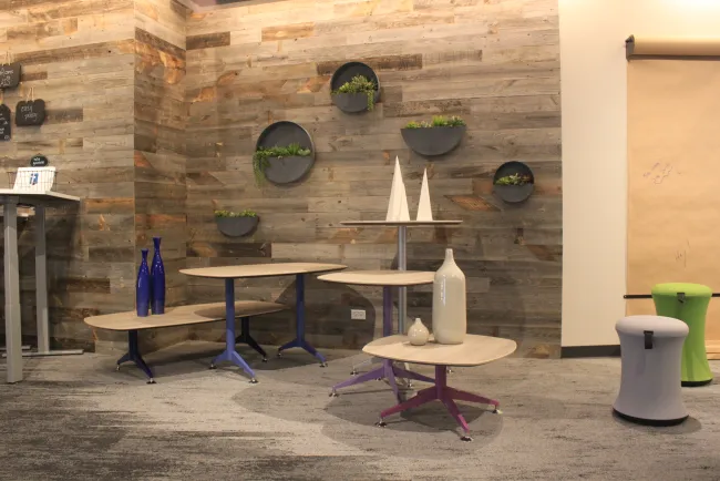 NeoCon 18 Day to Day Tables with Pebble Top and T legs.