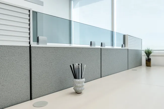 Matrix Panel View with upmount grey tint glass screen and tool rail insert at Client Space