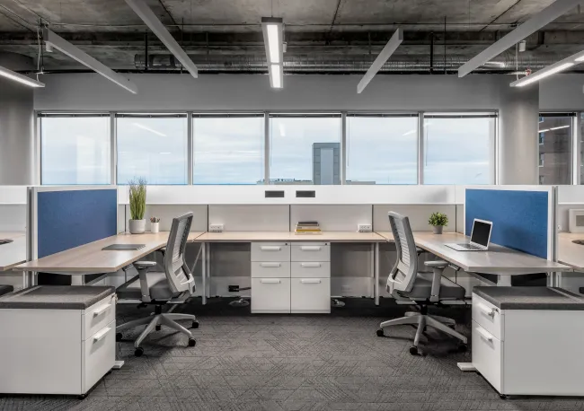 Client Space Shared Matrix Workstation with L Series Storage, Height Adjustable Tables and Natick Seating