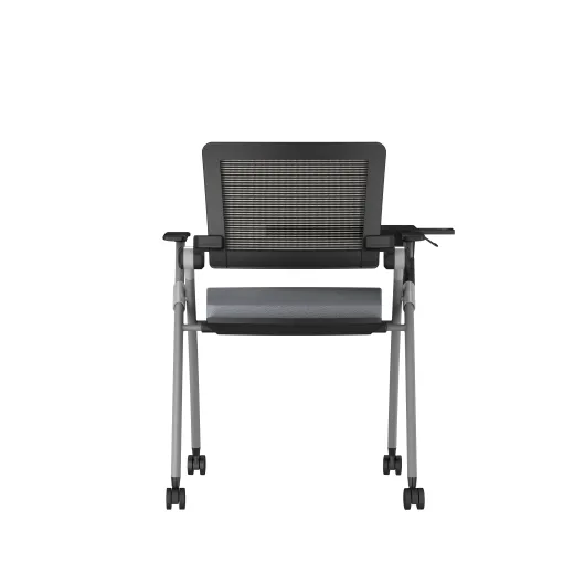 Stow Side Seating with standard grey fabric, black frame, casters and tablet, back view