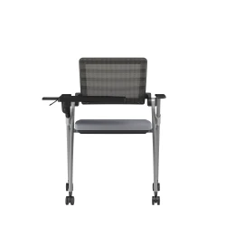 Stow Side Seating with standard grey fabric, black frame, casters, tablet, back view