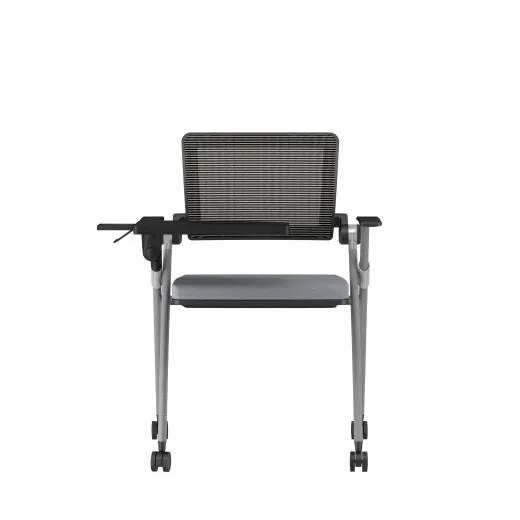 Stow Side Seating with standard grey fabric, black frame, casters, tablet, back view