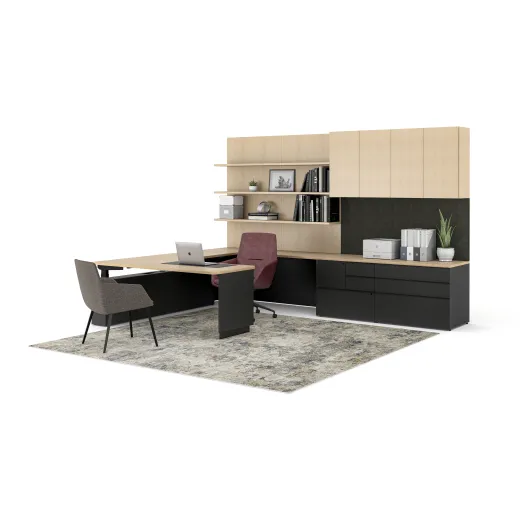 Calibrate Height-Adjustable Desk, Calibrate Telescoping End Panel Base, Calibrate Storage, Tackboards, Adryn Mid-Back, Ardyn Low-Back
