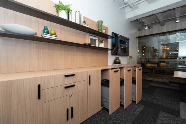 Calibrate Storage Buffet with Trash Receptacles