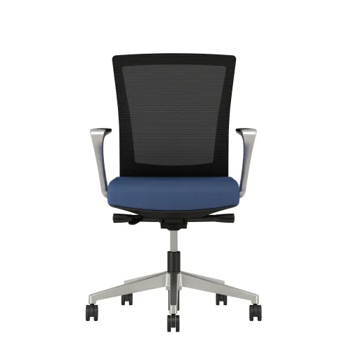 Upton with Aluminum Base, Fixed Arms, Black frame, Black-black striped mesh with Alta Mirage Upholstery in Dynamo, front view