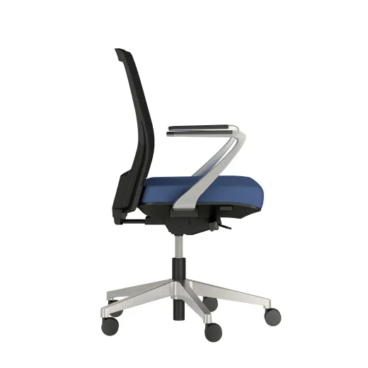 Upton with Aluminum Base, Fixed Arms, Black frame, Black-black striped mesh with Alta Mirage Upholstery in Dynamo, sde view