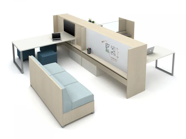 Calibrate Community with O-Leg Worksurfaces, Whiteboard extended spine with LB Lounge 
