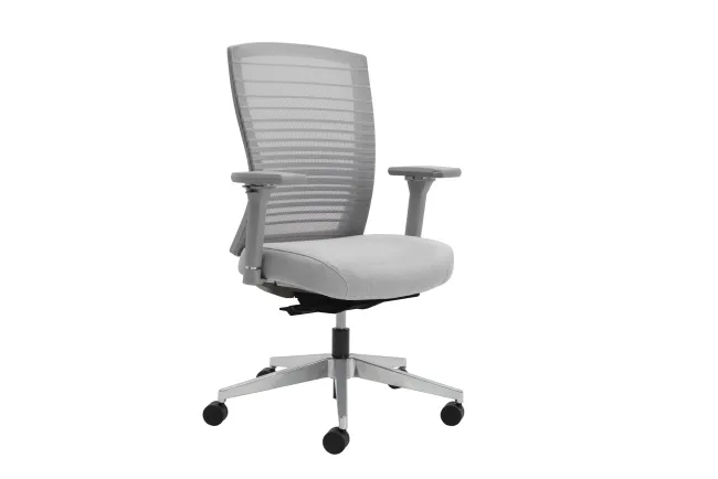 Natick with polished aluminum base, 4D Arms, grey Graduated/Striped mesh and Camira Blazer Dartmouth fabric seat, front left view