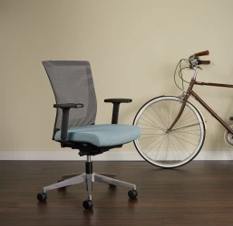 Upton Task Chair Brochure Image, White-black striped mesh and Camira Plymouth seat