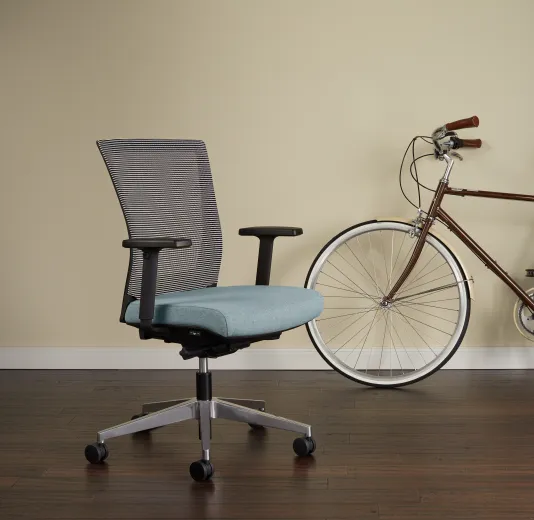 Upton Task Chair Brochure Image, White-black striped mesh and Camira Plymouth seat