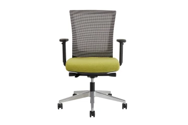 Upton task chair with aluminum base, white-black striped mesh back, Camira Blazer Dunhurst seat, front view